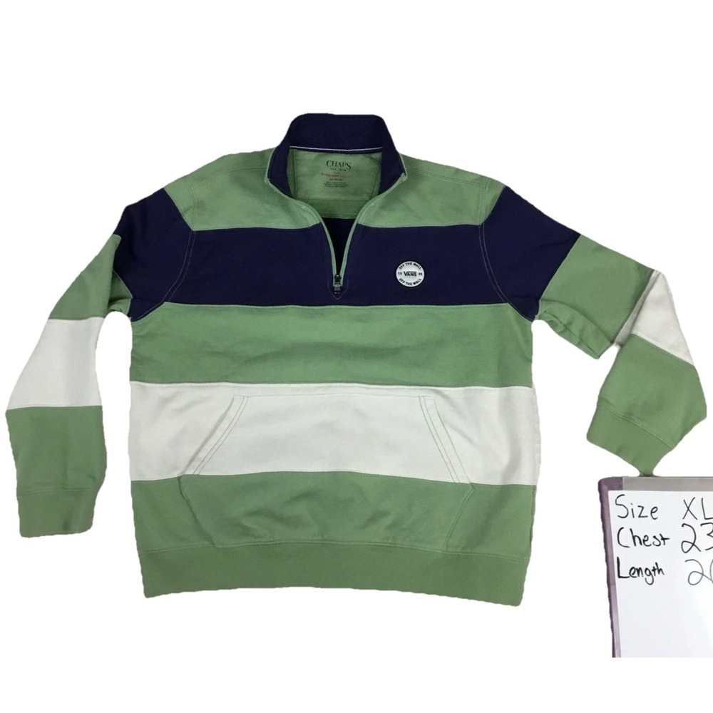 Chaps Mens XL Everyday Fleece Quarter Zip Pullover Green Navy Blue Vans Patch